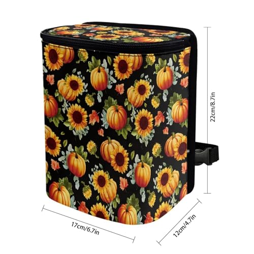 Image of Talayituse Sunflower Pumpkin Maple Leaves Print Car Trash Can with Adjustable Straps, Thanksgiving Decor Car Trash Bag Bin Car Garbage Bag Multipurpose Storage Box for Vehicle Travel Camping Picnicing