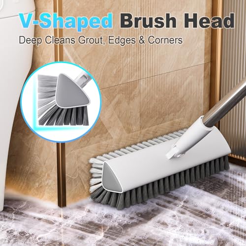 Image of Floor Scrub Brush with Long Handle, Heavy-Duty Stiff Bristles, V-Shape Floor Scrubber Brush for Tile, Concrete & Grout Lines, Stand-Up Cleaning for Garage, Bathroom, Deck & Patio