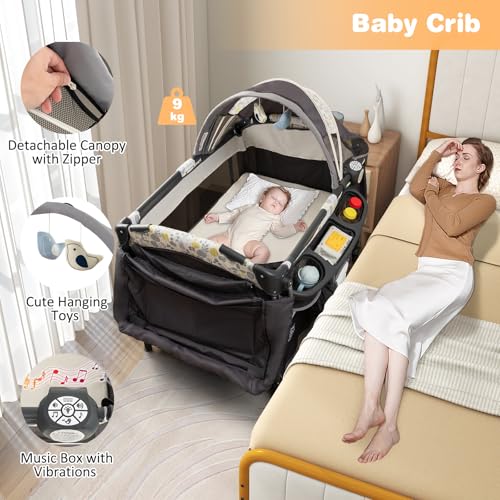 Image of BABY JOY 4 in 1 Pack and Play, Portable Baby Playard with Bassinet & Flip-Away Changing Table, Canopy, Portable Bedside Crib with Storage Basket, Oxford Bag, Infant Bassinet from Newborn to Toddlers