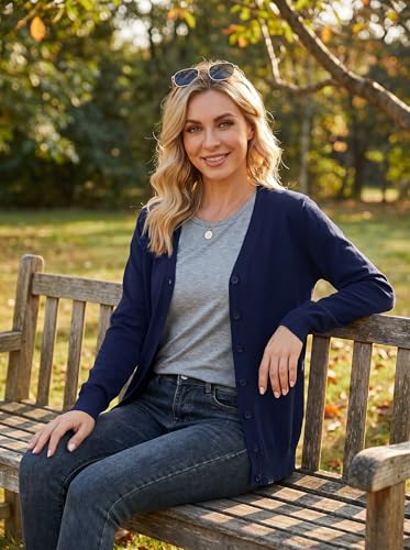 Image of VIISHOW Women Long Sleeve Button Down V Neck Lightweight Basic Knit Sweater Cardigan