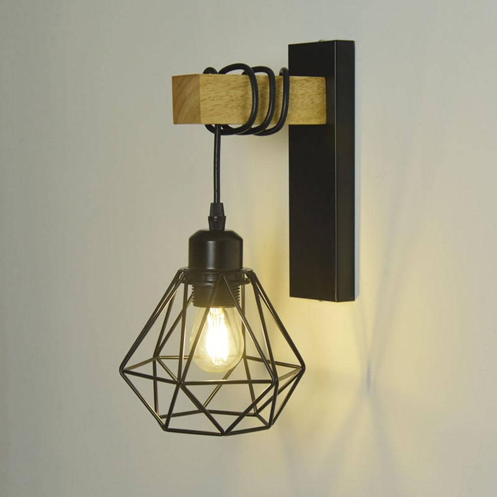 Lámpara de pared vintage para interiores, color negro, diseño industrial, estilo retro, fabricada en metal y madera, casquillo E27, 1 llama, ideal para escaleras, pasillos, cafeterías, bares, restaur