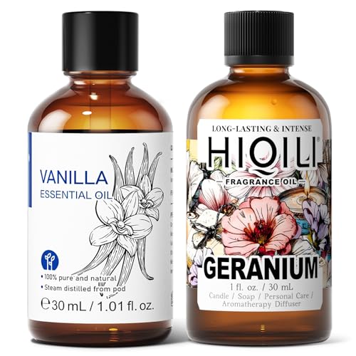 HIQILI 30ML Aceite Esencial Vainilla & 30ML Aceite de Aroma Geranio