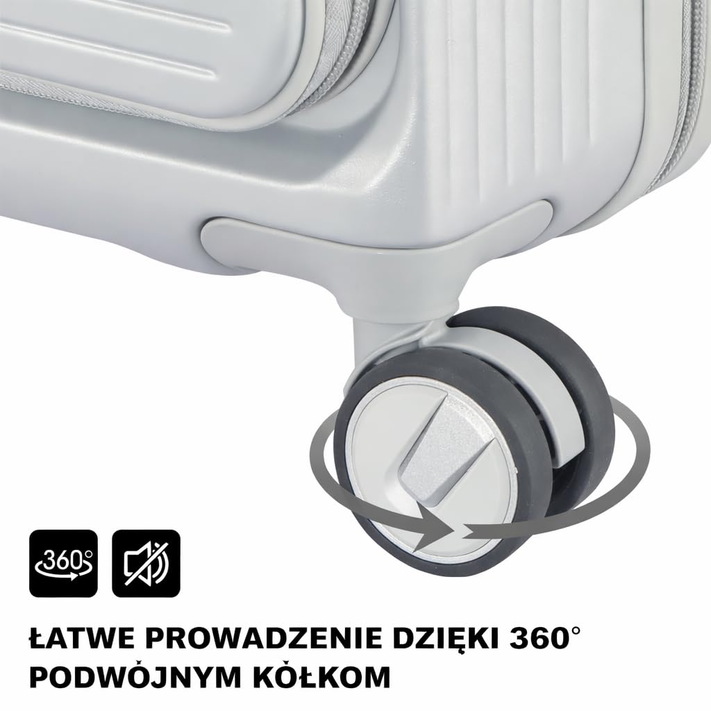 Zestaw 3 walizek z twardego poliwęglanu, specjalny system otwierania z przodu z przegródką organizera, możliwość rozszerzenia, 51 61 71 cm, zamek szyfrowy TSA, podwójne kółka 360 stopni, srebro