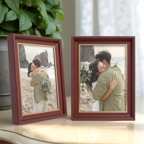 Image of GOLDEN PEACOCK Set of 2 5x7 Inch Photo Frames - Rich Congo Brown with Gold Trim | Classic Wall Hanging & Tabletop Picture Frames for Home Decor & Gifting