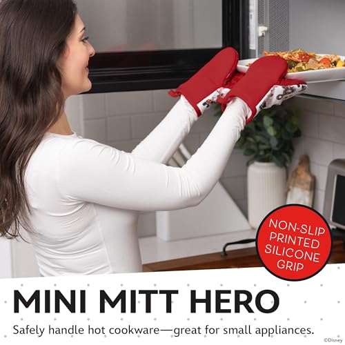 Image of Disney Mickey & Minnie Mini Oven Mitts, 2-Pack, Heat Resistant 450F | Compact 5.5 inchx7.5 inch pot holders for kitchen, printed silicone offers non-slip grip, ambidextrous, hand wash or spot clean