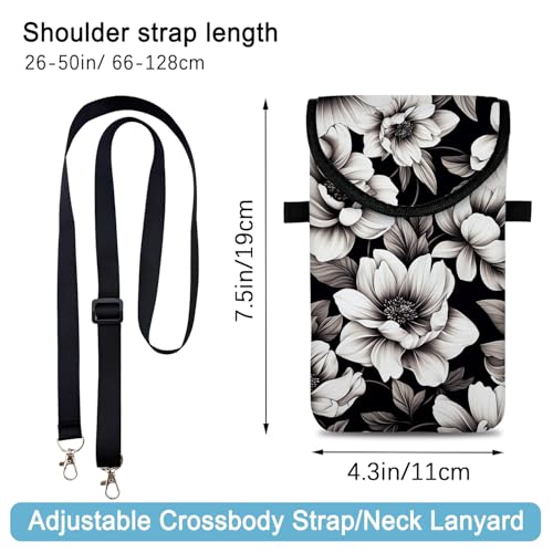 Image of Neoprene Cell Phone Sleeve Pouch Case Bag with Crossbody Strap Neck Lanyard for Women 7.5 X 4.3 in Flower Black