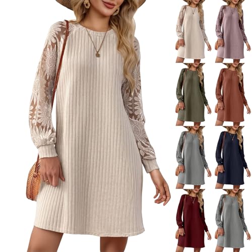Strickkleid Damen Mittellanges Pulloverkleid Mit Ärmeln aus Spitze Elegant Intellektuell Winterkleid Knielang Pullikleid Einfarbig Midikleid Weich...
