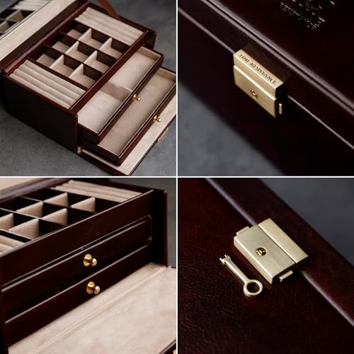 Image of Time Resistance Jewelry Box - Full Grain Leather Jewellery Organizer - Accessories Storage - Key Lock Box for Women (Brown)