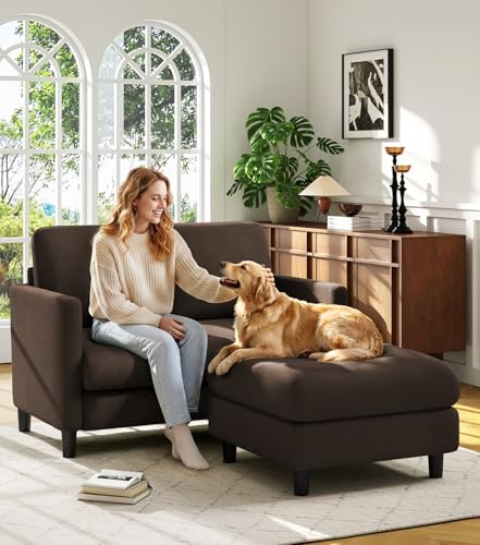 Image of Welzona Loveseat Sofa with Ottoman, 51 inch Small L Shaped Teddy Couch Sofa