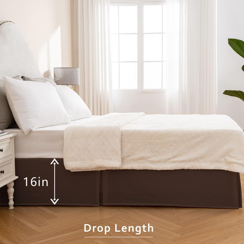 Image of MIYE Pleated Waffle Weave Bed Skirt, Tailored Dust Ruffle 16 Inch Drop Easy Fit, Machine Washable (Brown, Queen - 16 inch Drop)