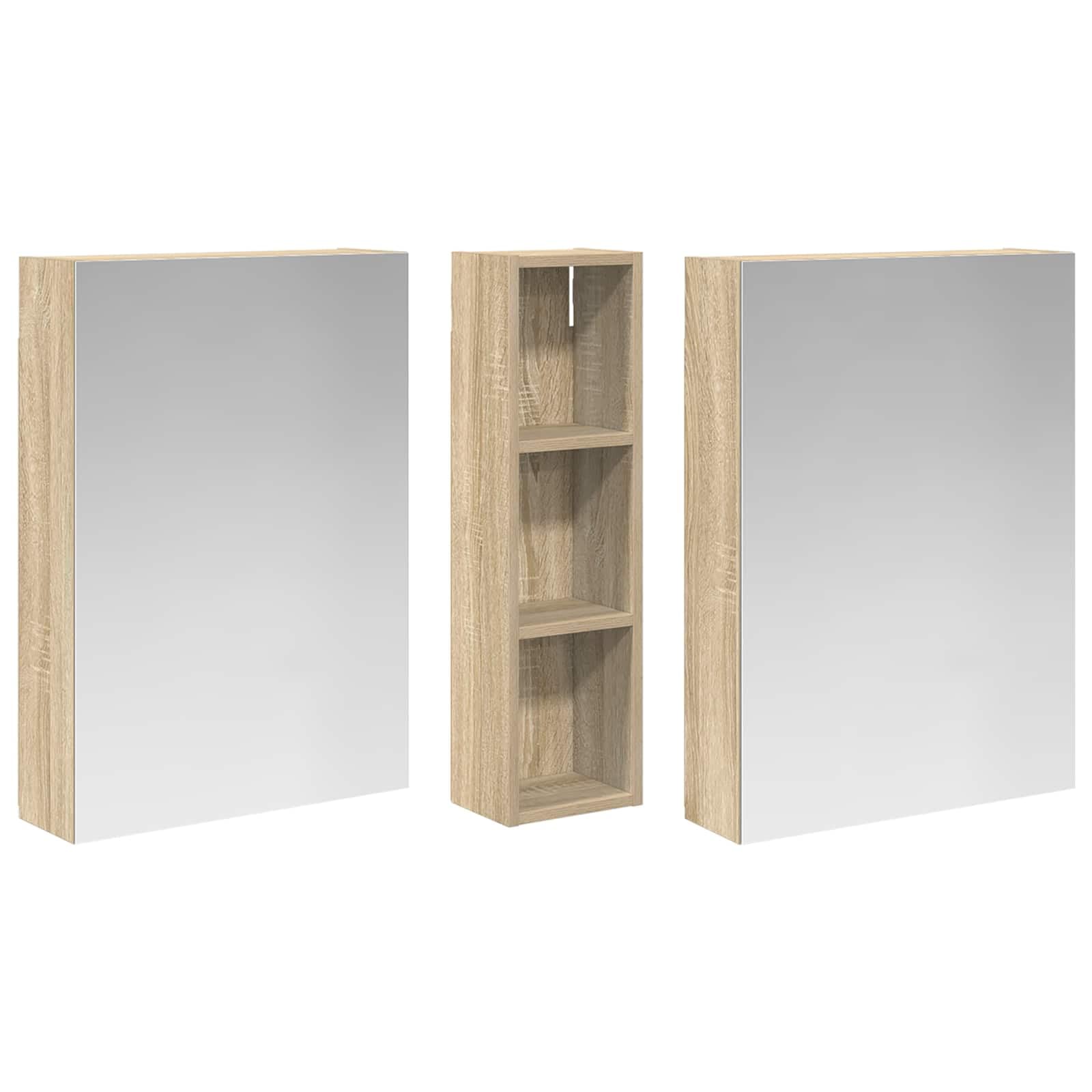3-częściowy zestaw szafek łazienkowych z materiału drewnopochodnego 120 x 14,5 x 70 cm z oświetleniem LED, dwukierunkowe lustro, montaż na ścianie, schowek i regał, na meble łazienkowe i