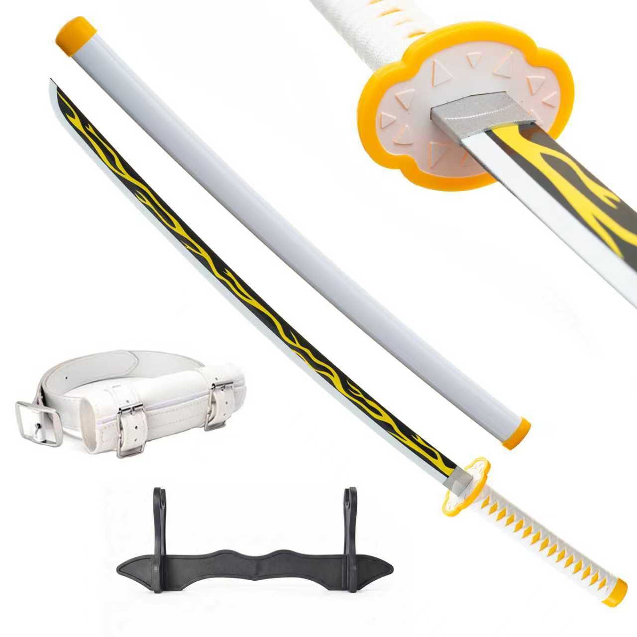 Spada Demone Katana Legno (Agatsuma Zenitsu) Set con Cintura e Supporto 102 cm Spada Samurai in bambù (Ceppo) - Arma Costume Cosplay Anime