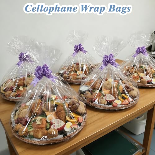 Image of woric 12Pcs Clear Cellophane Gift Bags 24x30 Inch | OPP Cellophane Wrap for Gift Baskets Graduation Gifts Baby Bridal Shower Stuffed Animal Candy(Ribbon not included)