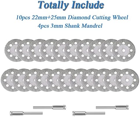 Mesee 20 Pieces Mini Diamond Cutting Wheel, Metal Cut Off Discs with 3mm Mandrel Shank Tile Cutting Blade Stone Rotary Cutter Tool Accessories - Cutting Dia. 22mm/ 25mm