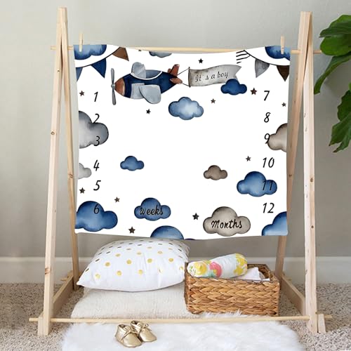 Image of Airplane Theme Baby Monthly Milestone Blanket for Boys, Soft Flannel Aircraft Pilot Cloud Stars Pattern Photography Prop Baby Shower Age Newborn Mom Gifts Nursery Decor (Gray Blue, 48x48in)