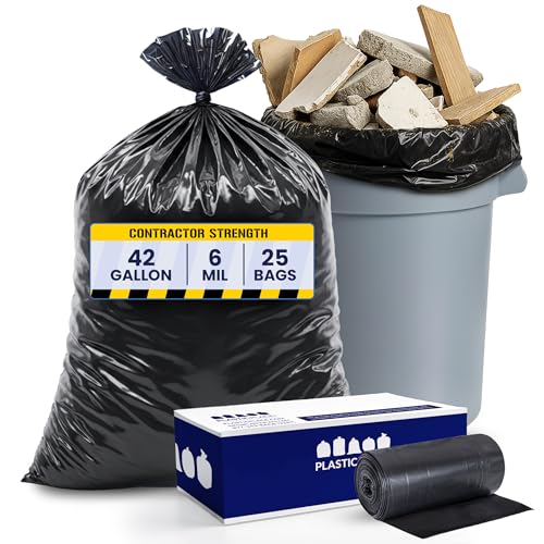 Plasticplace Contractor Trash Bags 42 Gallon 6.0 Mil Black Heavy Duty Garbage Bag 33 x 48 (25 Count)