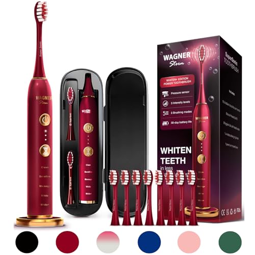 Wagner Stern Edizione WHITEN+. Spazzolino elettrico con sensore di pressione, 5 modalità, 3 intensità, 8 testine, custodia da viaggio. (cremisi)