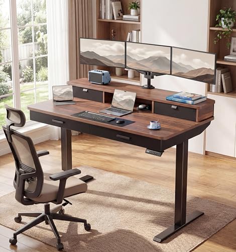 Image of HUANUO 55 x 30 inch Electric Standing Desk with Wood Drawers, Adjustable Height Sit Stand Home Office Desk with Two Tiers, Ergonomic Adjustable Stand up Desk C-Clamp Monitor Mount Compatible, Walnut