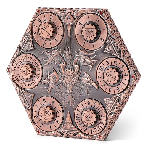 Image of Kabinka DND Dice Set, 7 in 1 Metal Spin-Dial Dice with Storage Bag, Portable Celtic Knot D&D Dice for D4 /D6 /D8 /D10 /D12 /D20 Role Playing Board Games (Red Copper)
