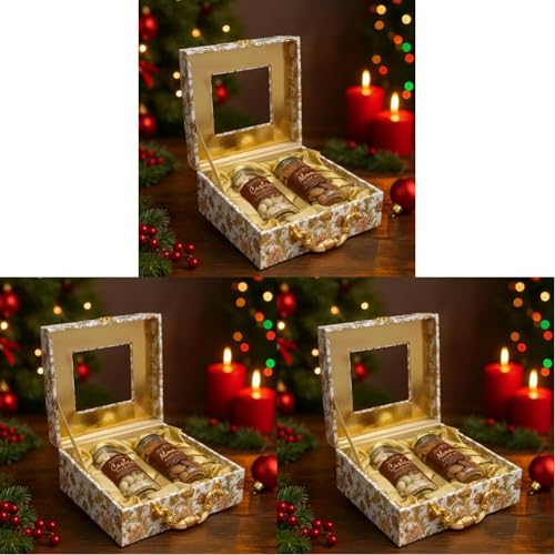 Image of Purevida Premium Decorative Wooden Gift Box with Mixed Dry Nuts - Vintage Mosaic Design, Brass Handle | Festive Dry Fruit Hamper for Christmas & New Year Gifting (Pack of 3)