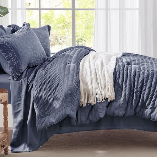Image of Zzlpp Full Comforter Set 7 pieces, Greyish Blue Seersucker Bedding Set with 1 Comforter, 2 Pillow Shams, 2 Pillowcases, 1 Flat Sheet, 1 Fitted Sheet
