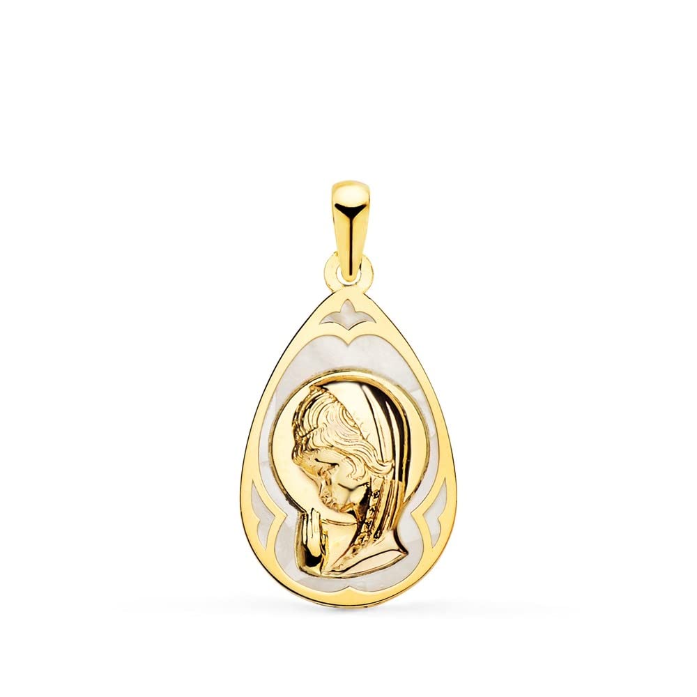 Virgen Niña medalla oro 18k Primera Comunión 19mm. nácar fondo forma gota detalles