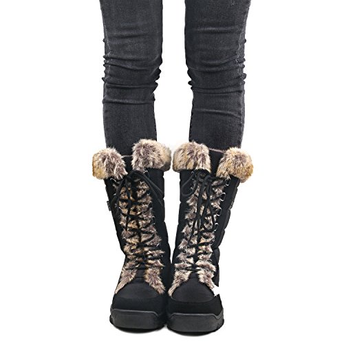 AUSLAND Women's Black Winter Snow Boots Twin Peaks Fur Cuff Mid-Calf Waterproof Lace Up Boots3