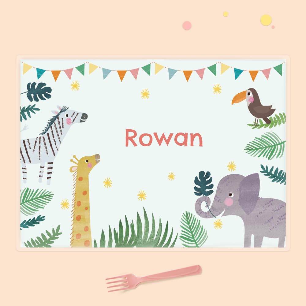 Dotty About Paper Jungle Animals - Personalised Kids Placemat - Dinner Table Mat, Children, Wipeable Placemat, Cute, Bright, Kids Placemat, Colourful, Children, Dinnertime, Fun Design, Durable.