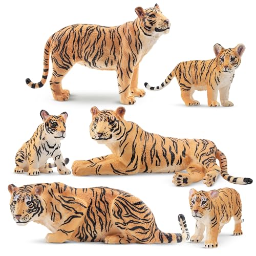TOYMANY 6 figuras de animales de tigre con cachorros de tigre, figuras de animales de la selva, juego familiar con tigres de bebé, juego de juegos, adornos para tartas