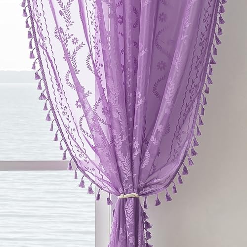 WAZZIO Boho Lace Curtains 84 Inch 2 Panels -Sheer Panel Drape Floral Pattern & Tassel Light Filtering Privacy for Bedroom Dining Living Room Lilac Girl Women House Decor Lavender Purple W52 x 84L