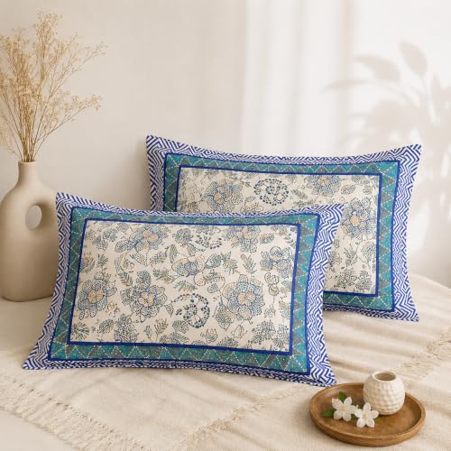 Image of Authentic Jaipuri Print King Size Bed Sheet Set (93 inch x 108 inch) Breathable Cotton | Deep Pocket Fits Up to 18 inch Mattress | Blue Floral Design with 2 Pillow Covers