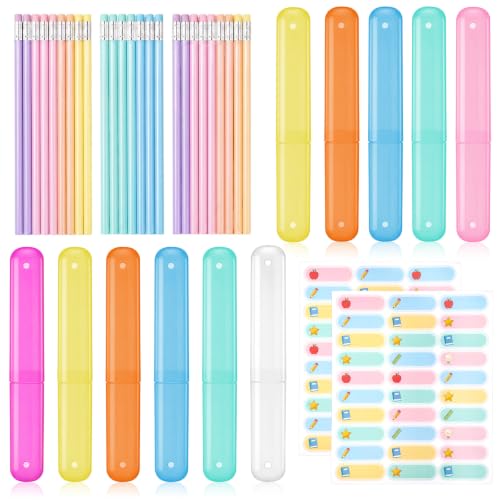 Eaasty Conjunto de 30 estojos e lápis de madeira 90 HB com 60 etiquetas de nome no total, material escolar para sala de aula, kit de escrita para material de volta às aulas