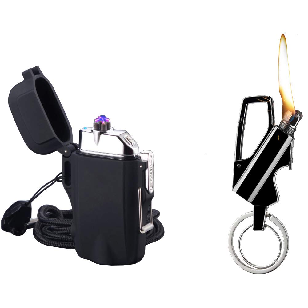 KAKAKA 2PCS Lighter,Key Chain with 2 Key Rings Include Mini LED Light,Bottle Opener and Windproof Rechargeable Flameless Electronic Lighter(Black)