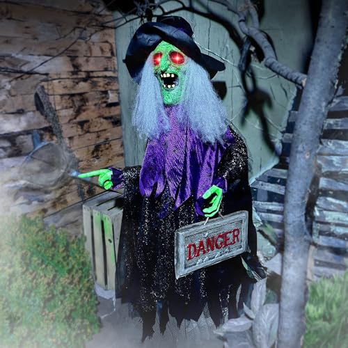 Haunted Hill Farm Animatronic Scary Talking Witch Groundbreaker with Touch Activated Lights and Sound, Battery-Operated Indoor or Covered Outdoor Halloween Decoration