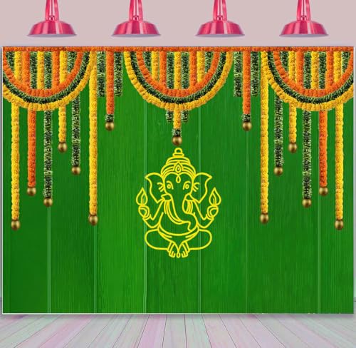 Image of 7x5FT India Pooja Traditional Backdrop, Marigold Green Banana Leaf Chatiya Ganesh Traditional Festival Photography Background Puja Ganpati Wedding Party Decoration Photo Props