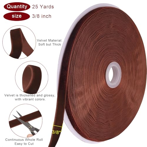 Image of Tsorode 25 Yards Velvet Ribbon for Christmas Tree Gift Wrapping,3 /8 Inch (Brown, 3 /8 inch)