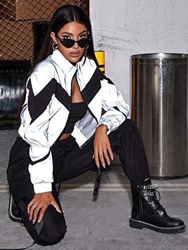 Floerns Women's Long Sleeve Lightweight Crop Bomber Jacket Silver and Black M4