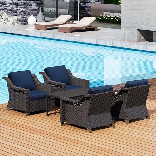 Image of 5 Pieces Outdoor Conversation Furniture Set - 4 PE Rattan Armchairs, 1 Metal Coffee Table, Patio Wicker Furniture Set with Water-Resistant Cushions for Swimming Pool, Sunroom (Navy Blue) | Patio Chair Set with Olefin Removable Cushion, All-Weather Armchair Set with Deep Seat for Porch, Deck and Backyard, Blue