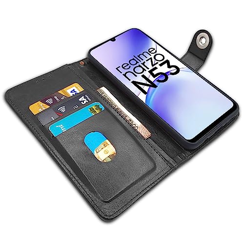 Image of Pikkme Realme Narzo N53 Flip Cover Leather Finish | Inside TPU with Card Pockets | Wallet Stand and Shock Proof | Complete Protection Button Flip Case (Black)