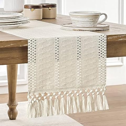 ZeeMart Macrame Style Boho Table Runner, Ivory Table Runners 72 Inches Long, Farmhouse Woven Home Decor, 12x72 Inch, Ivory Cover