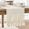 ZeeMart Macrame Style Boho Table Runner, Ivory Table Runners 90 Inches Long, Farmhouse Woven Home Decor, 12x90 Inch, Ivory