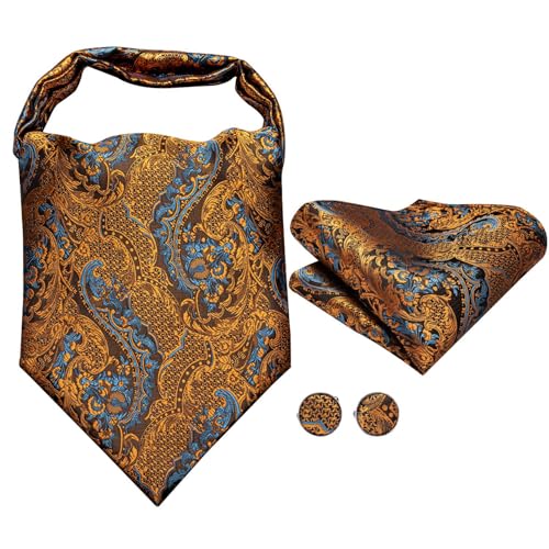 Image of Hi-Tie Silk Ascot for Men Self Tie Men's Cravat and Flower Lapel Pin Handkerchief Cufflinks Set for Wedding Party