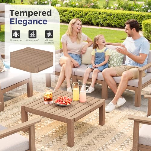 Image of Modular Outdoor Patio Furniture Coffee Table, HIPS All-Weather Outdoor Sectional Sofa Table, Side Interlock for Expansion, Patio Side Table for Backyard, Balcony, Deck (Teak)