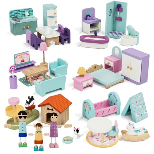 Lehoo Castle Wooden Dollhouse Furniture Set 39 Pcs with 5 Rooms, Family Dolls & Pets, All-Wooden Doll House Accessories and Furniture, Pretend Play...