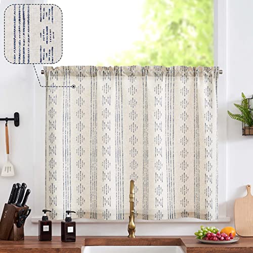 jinchan Boho Kitchen Curtain Linen Tier Curtain Bohemian Cafe 24 Inch Geometric Striped Small Window Drape Light Filtering Farmhouse Country Rustic fo
