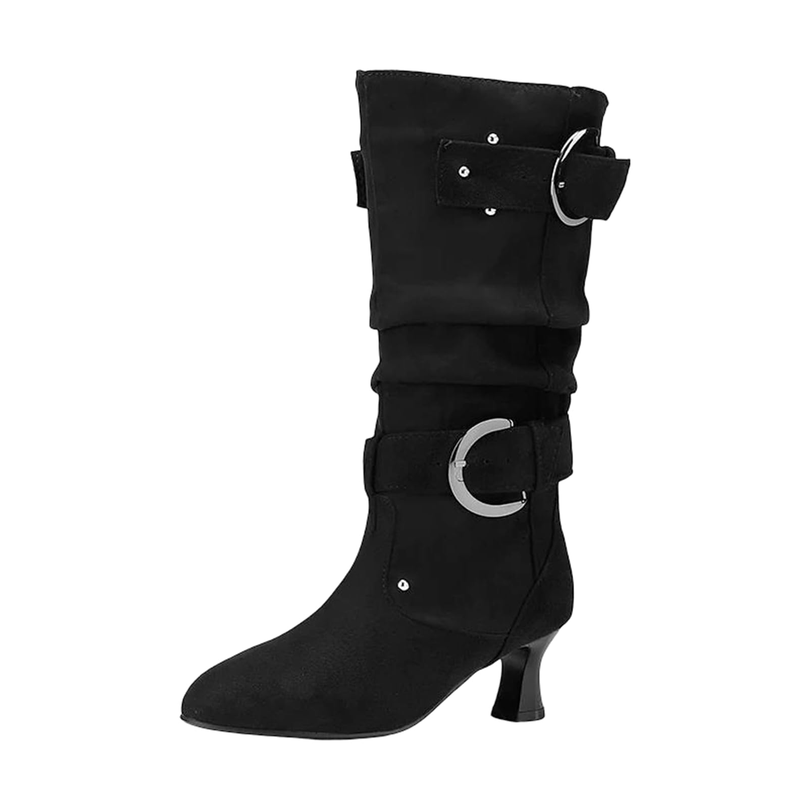 Womens Mid Calf Boots With A Classic Round Toe And High Stiletto Heel Featuring A Pleated Shaft And