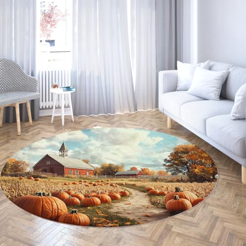 素朴な農家ラウンドラグ 140cm 秋の収穫祭カボチャの道パターンソフトローパイルフロアマットリビングダイニングルームキッチン用