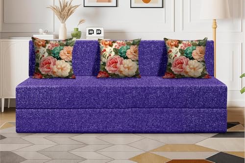 Image of DIVISHA HOMES Foldable 3 Seater Sofa Cum Bed, Sofa Bed 5 X 6 Feet, Jute Fabric- Washable Cover- Including Three Cushion Perfect for Home & Office - Purple Color