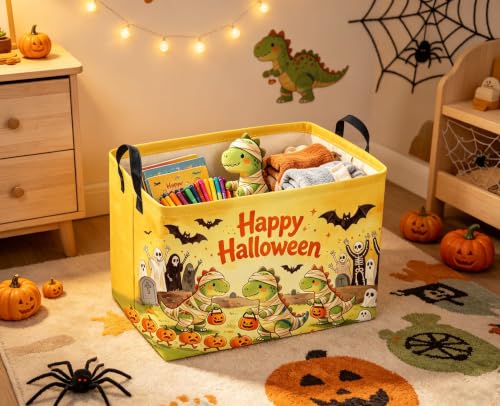 Image of Sanjiaofeng Rectangular Cute Dinosaur Halloween Baskets,Waterproof Foldable Dinosaurs Basket with Handles,Nursery Hamper,Home Organizer,Books Box,Gift Baskets(Belted Dinosaur)