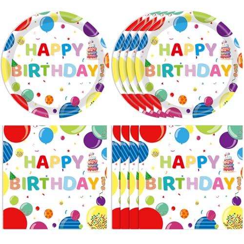 40PCS Happy Birthday Decorations Colorful Balloons Design Happy Birthday Party Supplies Set Disposable Paper Birthday Plates Napkins for Boys Girls Birthday Baby Shower Serves 20